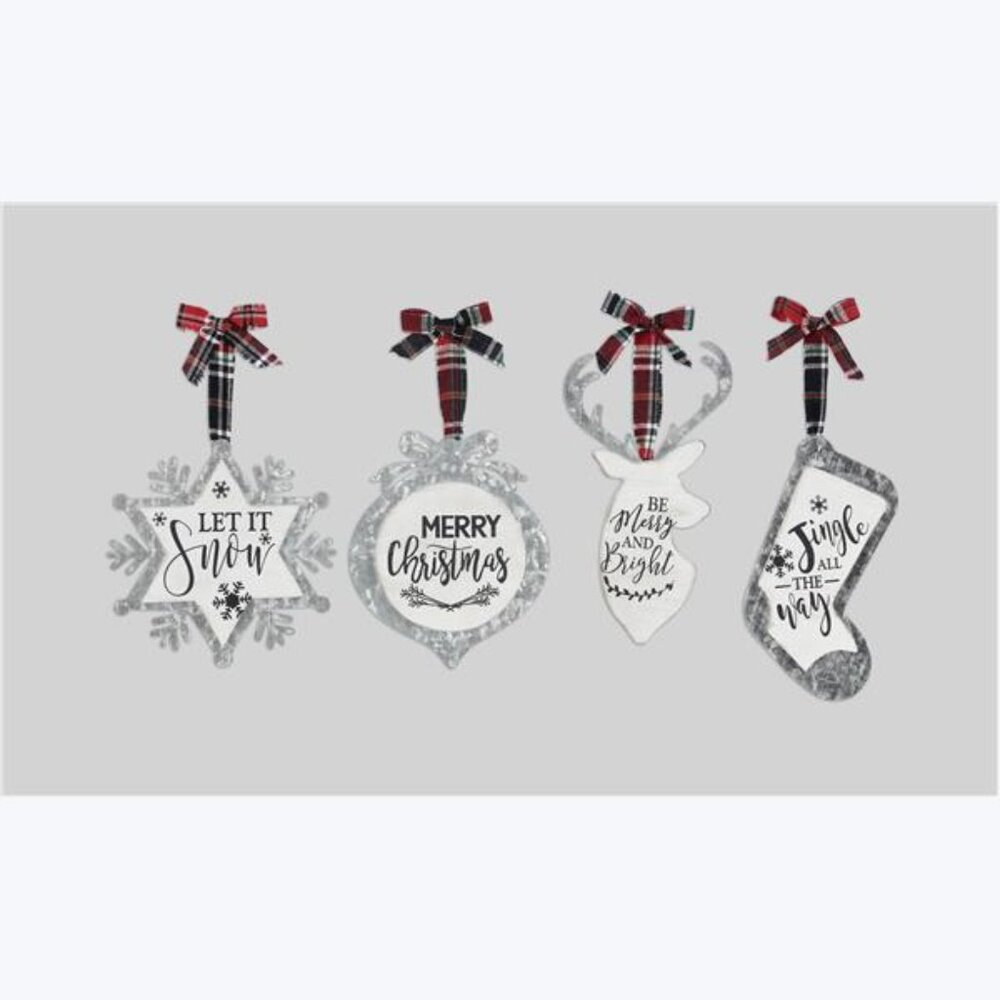 4-Piece Metal Christmas Ornaments, Festive Plaid Ribbon Festive Sayings
